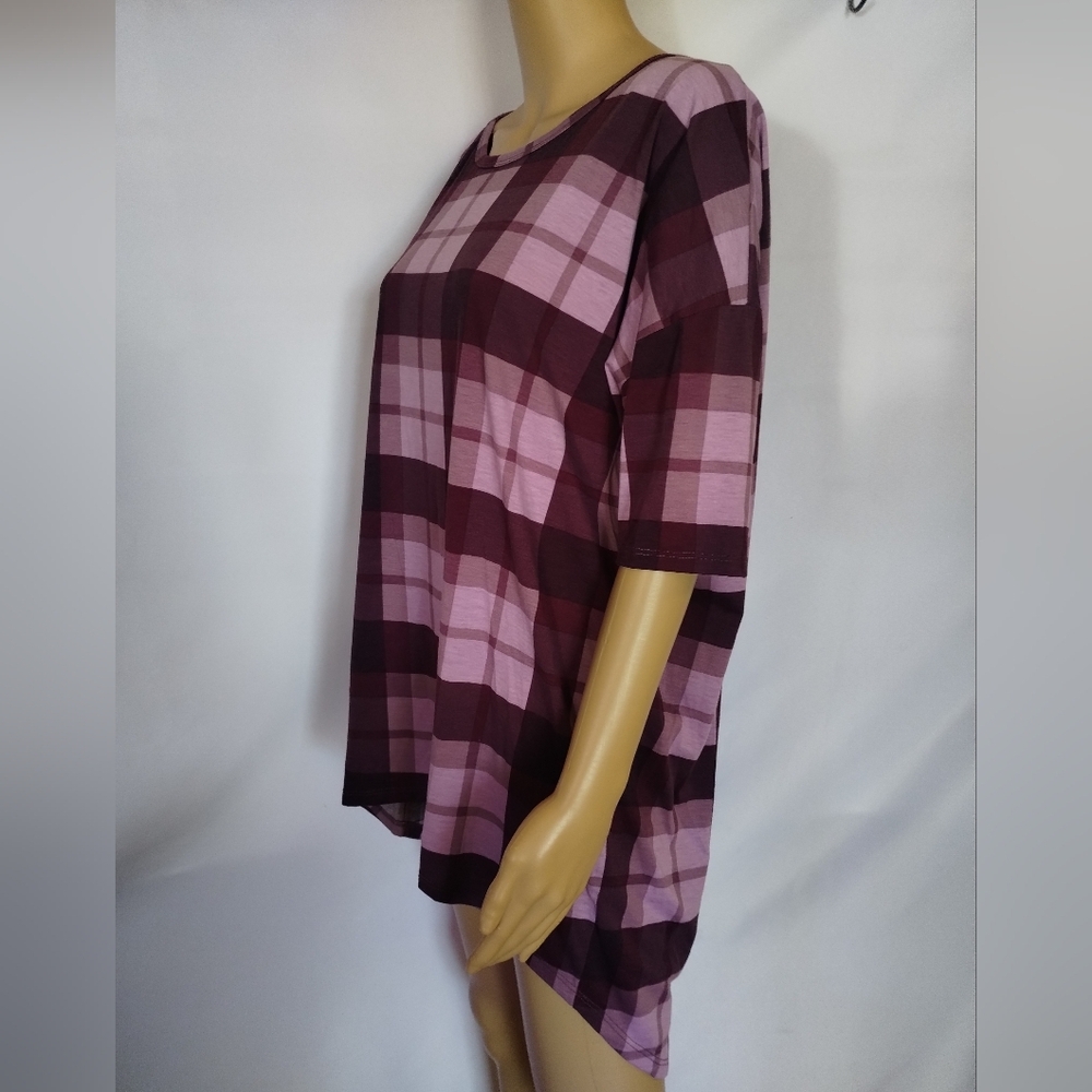 LuLaRoe Irma Tunic Top Size L Purple Plaid High Low Stretch Casual Comfy - Picture 4 of 6